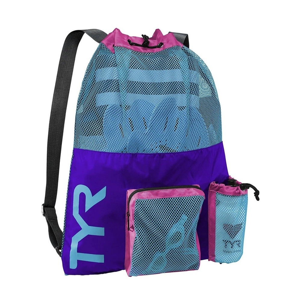TYR Big Mesh Swim Backpack - Water Swimming Training Workout - Purple Blue Pink